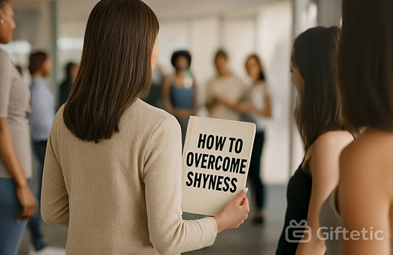 Woman holding a book “How to Overcome Shyness” at workplace — awkward and insensitive gift example.