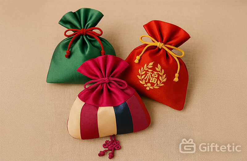 Three traditional Korean luck pouches (bokjumeoni) rest on a beige fabric surface. The pouches are made of vibrant silk — one in green with a red cord, one in red with yellow embroidery and a yellow cord, and one multicolored with red, beige, and navy panels, tied with a red knot charm. These pouches symbolize good fortune and are often given during holidays like Seollal and Chuseok.