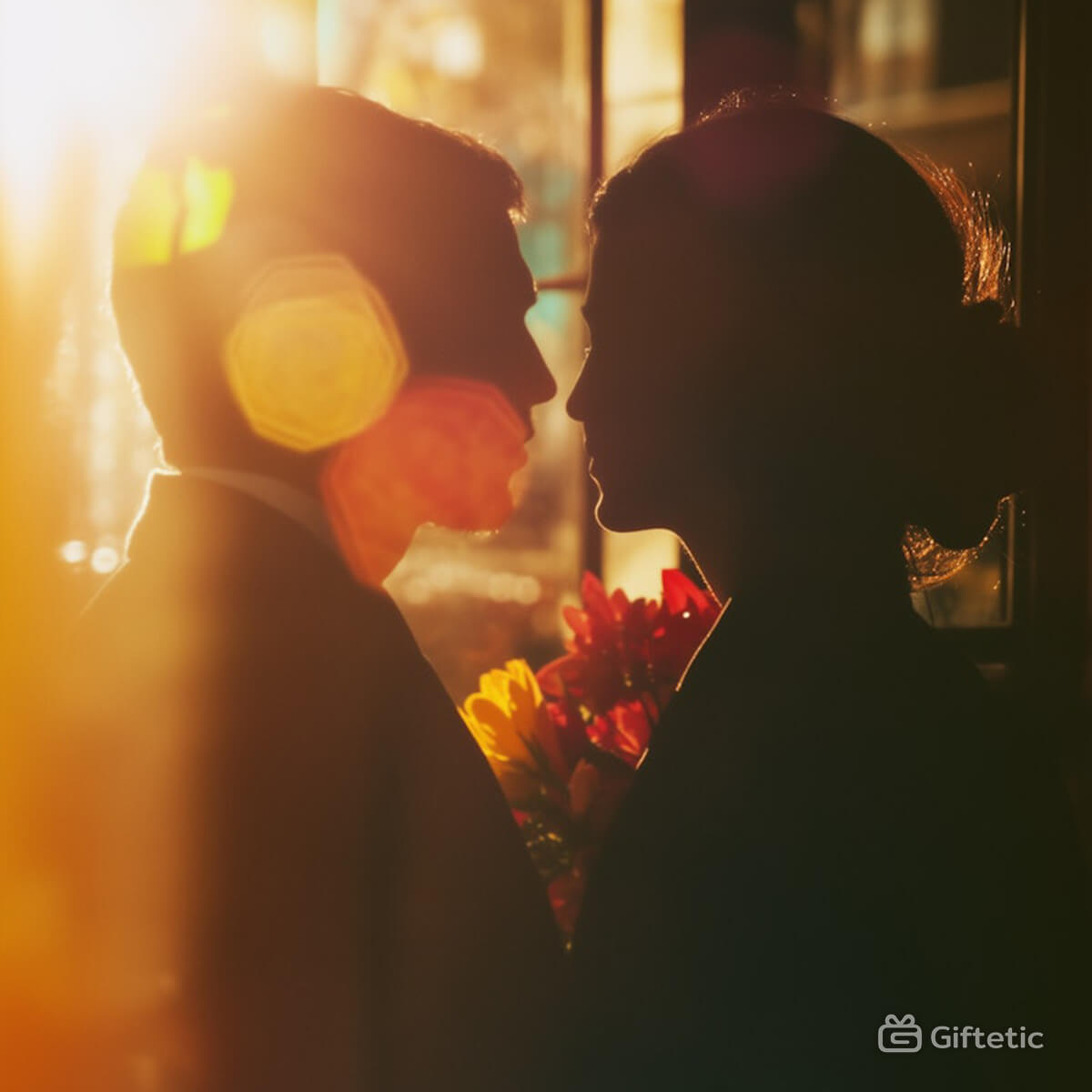 Silhouetted couple sharing a romantic moment in warm sunlight, holding a bouquet — representing love and emotional intimacy in gift-giving.