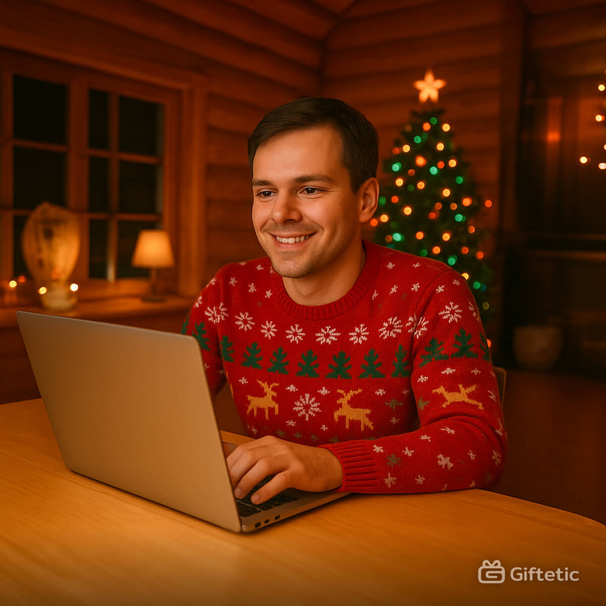 A man sitting in a cozy wooden cabin wearing a festive Christmas sweater, thoughtfully using a stainless-steel laptop on a bright wooden desk — representing planning and organizing holiday gifts early with a digital wishlist on Giftetic to save time and reduce Christmas stress.