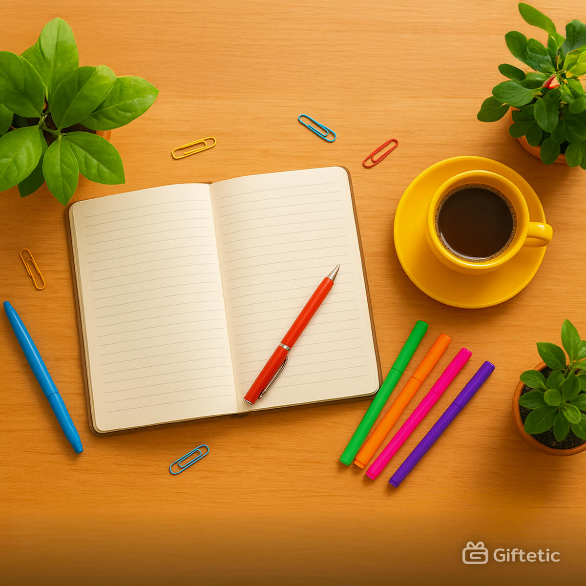 Bright flat lay of an open lined notebook with colorful pens, coffee in a yellow cup, and green plants on a wooden desk — representing creative wishlist planning for [C_NAME]’s blog article “What to Put on Your Wishlist: 6 Strategies to Keep Your Gift List Full Year-Round.