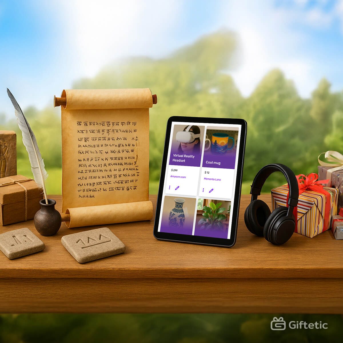 A digital tablet displaying a modern wishlist next to ancient scrolls, clay tablets, and a quill, symbolizing the evolution of wishlists from historical times to today’s digital platforms — with a wrapped gift and headphones in the background.