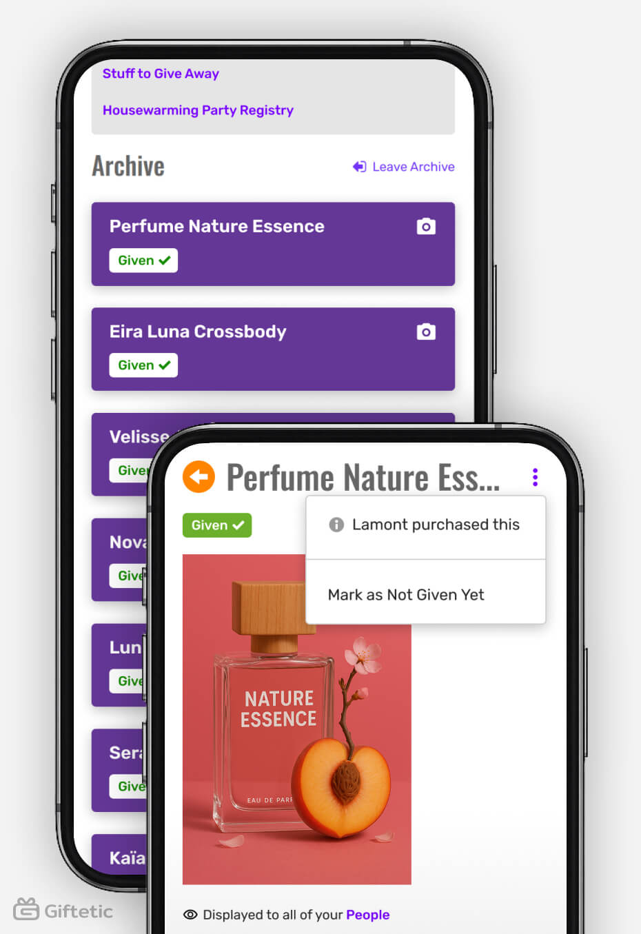 Giftetic mobile screen showing the Archive feature with gift items marked as “Given,” including the ability to update gift status and track who fulfilled each wish — ideal for managing past gift activity and avoiding duplicates.