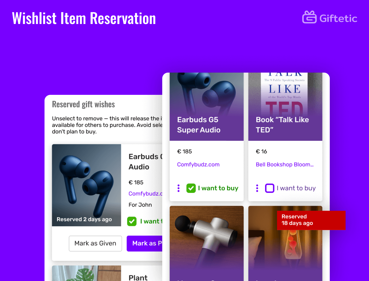 Wishlist Item Reservation feature of Giftetic