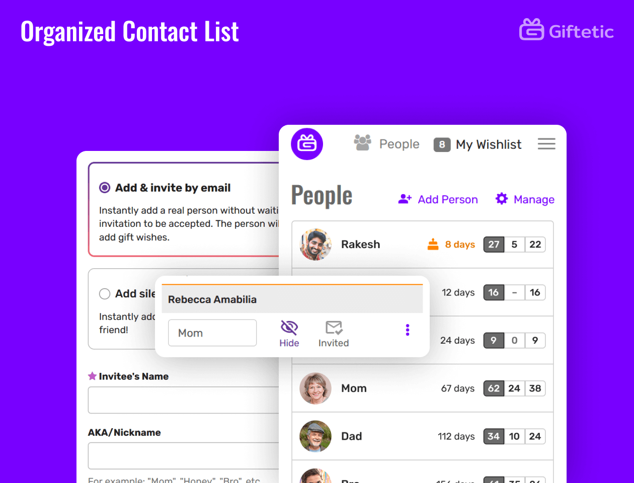 Organized Contact List feature of Giftetic