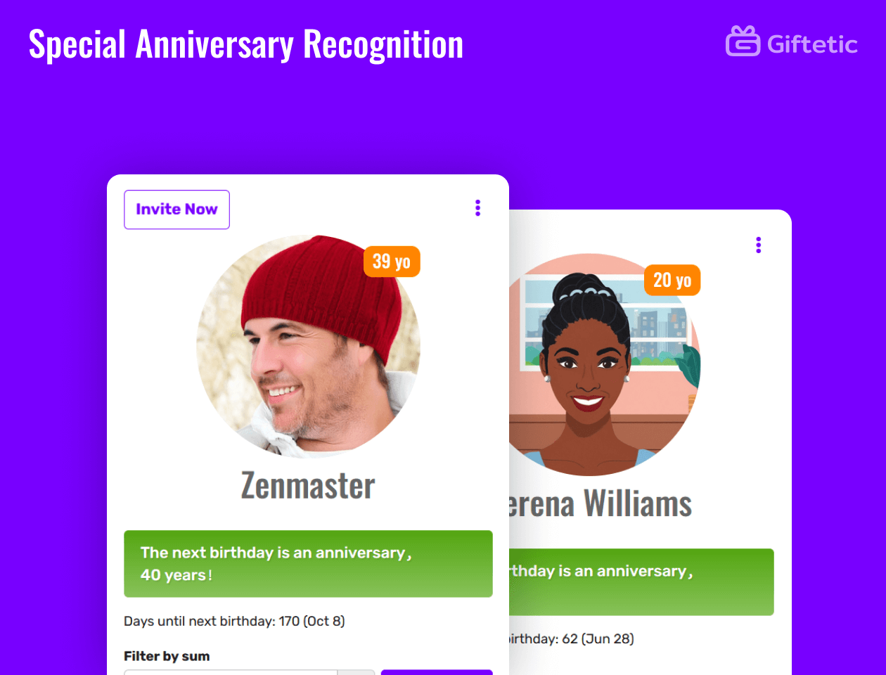 Special Anniversary Recognition feature of Giftetic