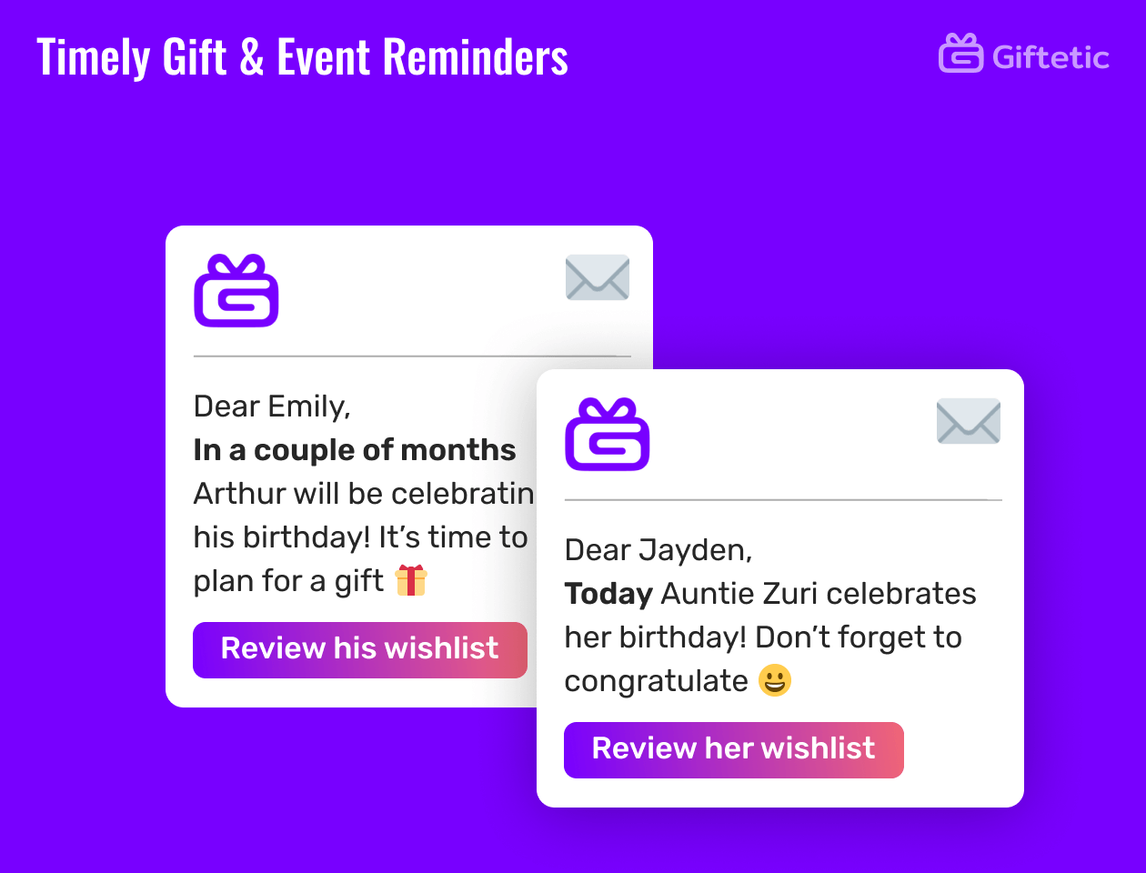 Timely Gift & Event Reminders feature of Giftetic