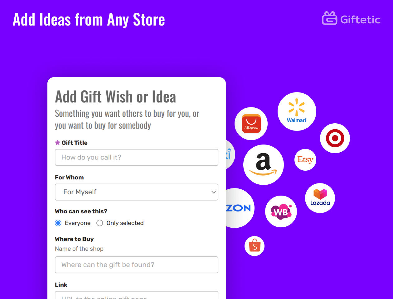 Add Ideas from Any Store feature of Giftetic
