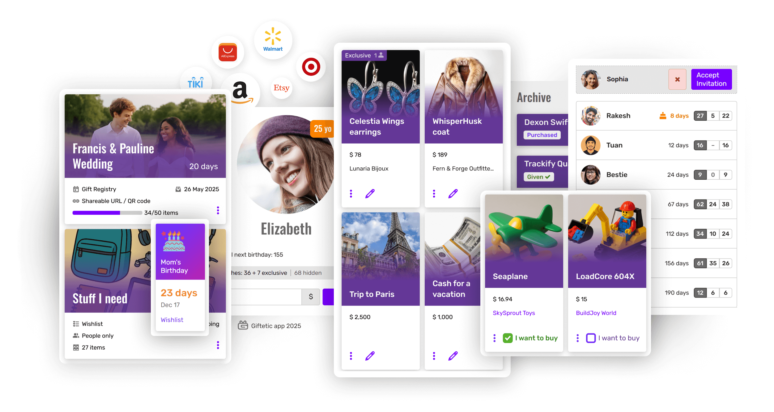 Multiple screenshots of Giftetic app showcasing different functionality such as a personal wish list and a gift registry